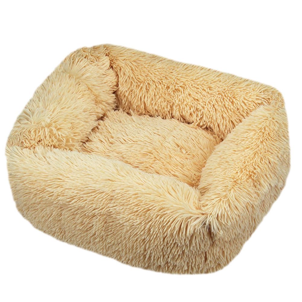 Hiseng Soft Fluffy Dog Bed, Simple Solid Color Self-Warming Cat Bed Washable Square Dog Beds Medium, Plush Anti-Slip Bottom Donut Cat Beds for Indoor Cats (S 55x45cm,Light Yellow)