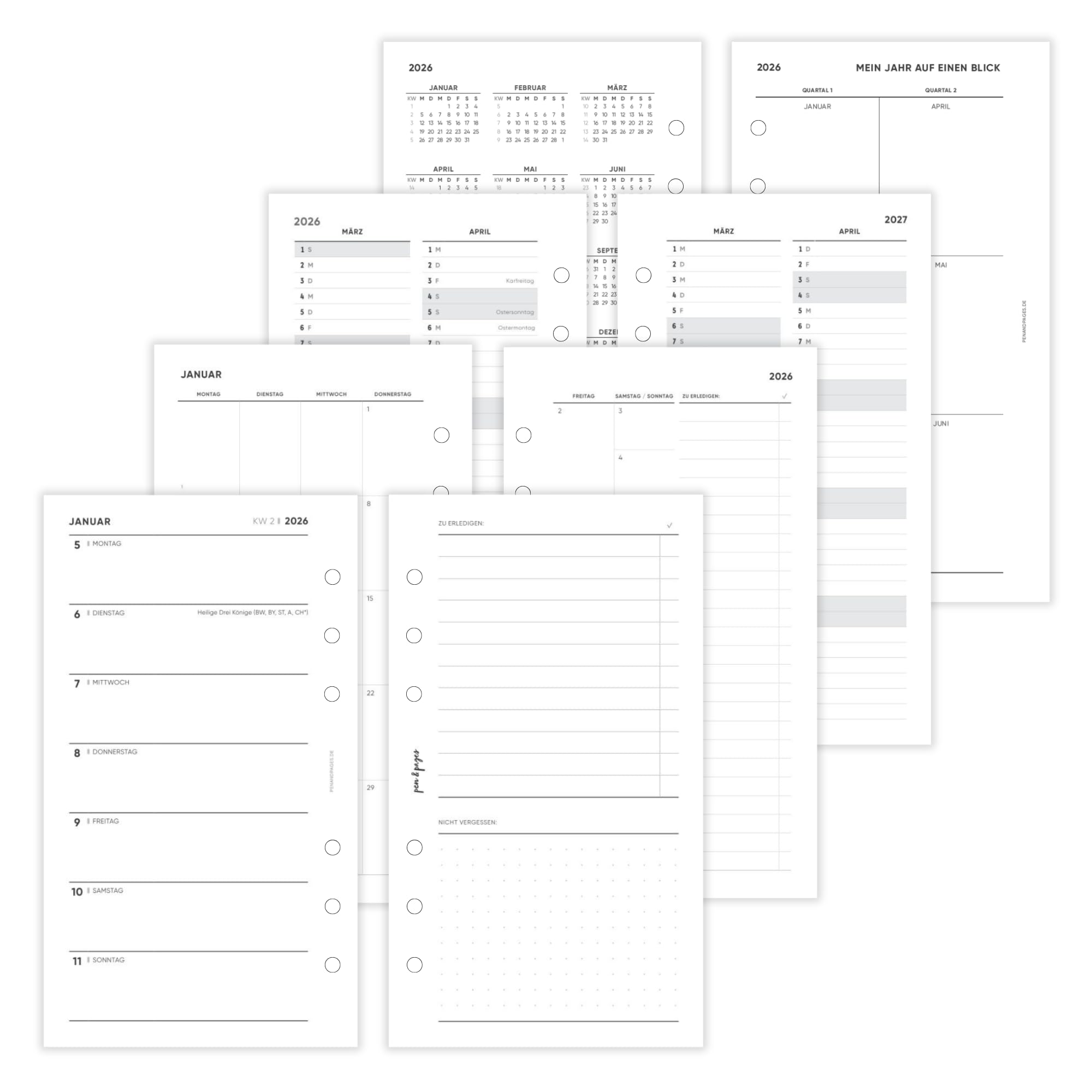 pen & pages® Kalender 2026 "1 Woche eine Seite + ToDo" 1 Woche auf 2 Seiten Personal 9,5 x 17,1 cm Einlage für Ringbuch mit Monatsübersicht Jahresübersicht DACH Feiertagen 6 fach Lochung (All-in-One)