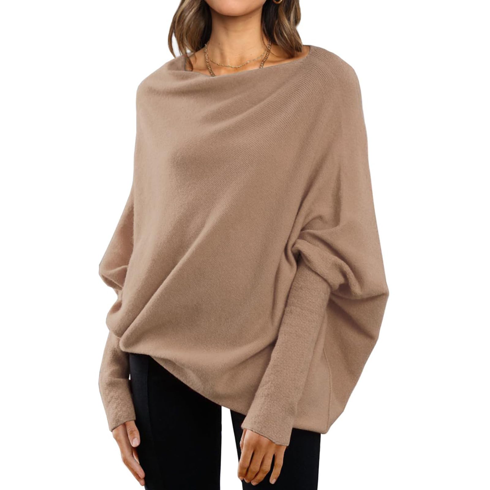 Saymany Pullover Damen Herbst Fledermausärmel Strickpullover Pullover Einfarbige Langarm Rundhals Oberteil Top Lockerer Strickpullover Knitted Basic Stretch Sweater Langarm Elegant Pulli Oberteile