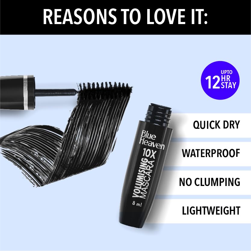Image of Blue Heaven 10X Volumising Mascara | Waterproof & Smudge Proof | Light Weight Formula | Long Lasting Mascara for Women | Stays Upto 12 Hrs | 8ml (Pack of 2)