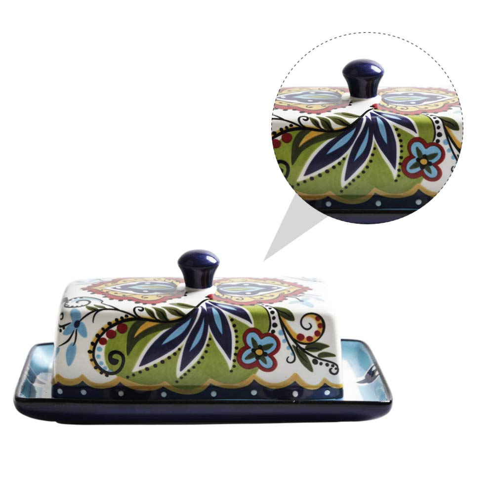 HEMOTON Contenitore Per Burro in Ceramica Con Coperchio Decorato a Motivo Floreale Porta Burro Elegante E Funzionale Per Cucina E Tavola