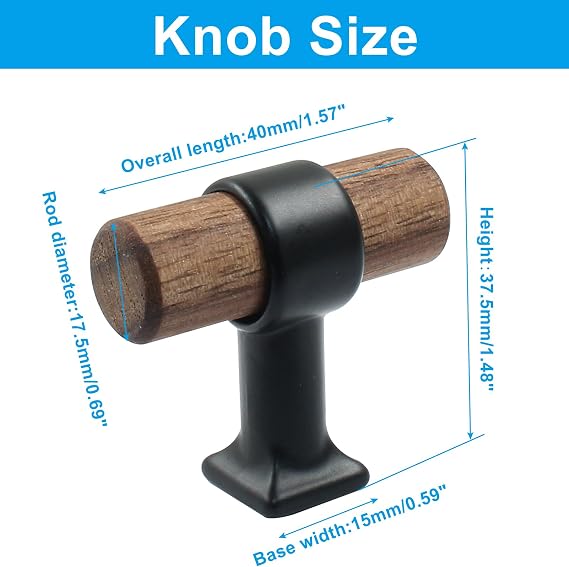 Piutouyar 4 Pack Walnut Cabinet Pulls Handles, 40mm/1.57 T Bar Knob | Single Hole Wood Drawer Handle Knobs, Wooden Dresser Knobs with 2 Types Of Screws, For Kitchen, Cabinet, Drawer, Cupboard