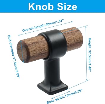 Piutouyar 4 Pack Walnut Cabinet Pulls Handles, 40mm/1.57 T Bar Knob | Single Hole Wood Drawer Handle Knobs, Wooden Dresser Knobs with 2 Types Of Screws, For Kitchen, Cabinet, Drawer, Cupboard