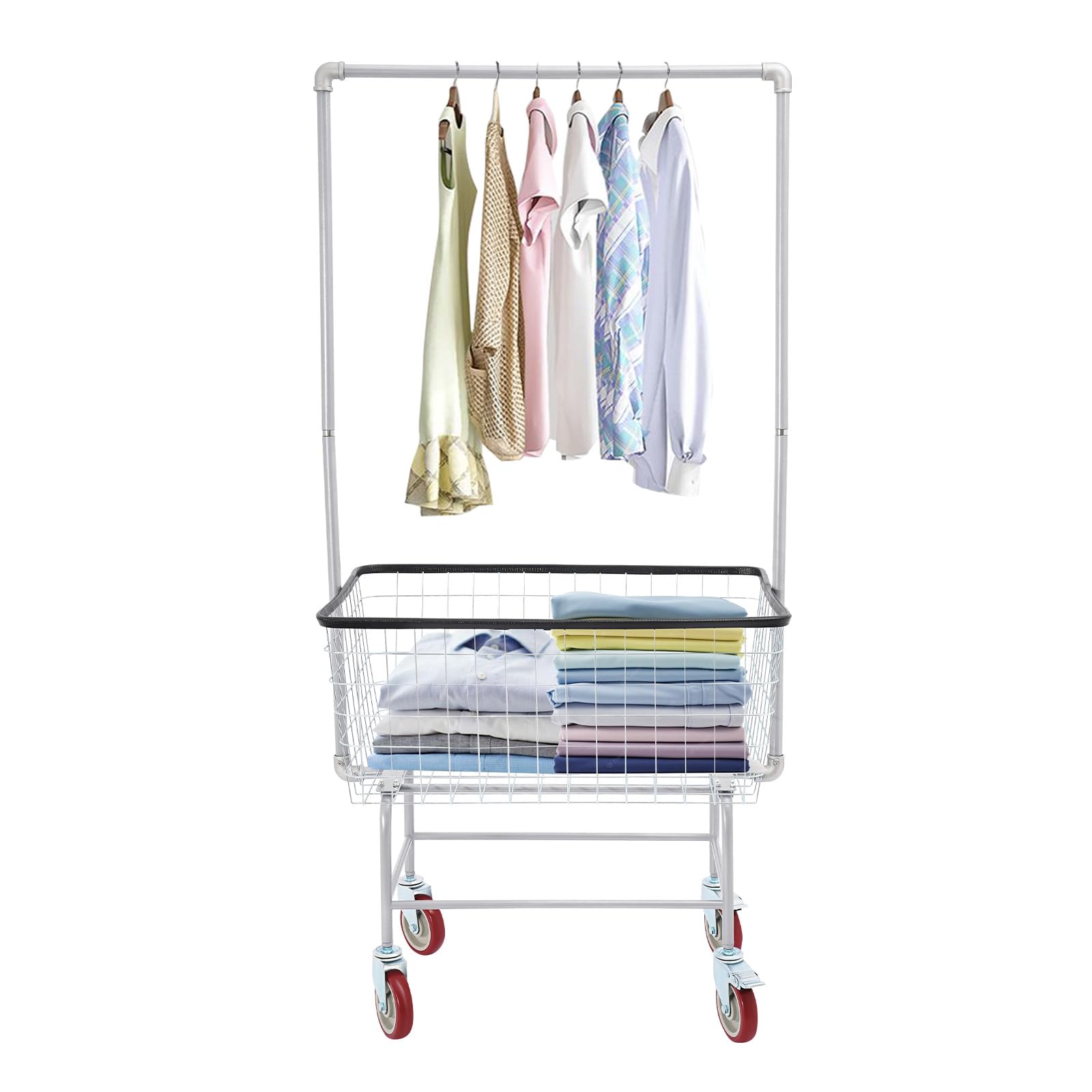 Steel Wire Laundry Cart, Commercial Rolling Laundry Basket with 4 Wheels, Heavy Duty Pushcart Basket with Hanging Rack & Removable Cart, Washing Hamper Trolley for Homes, Hotels, Bathrooms