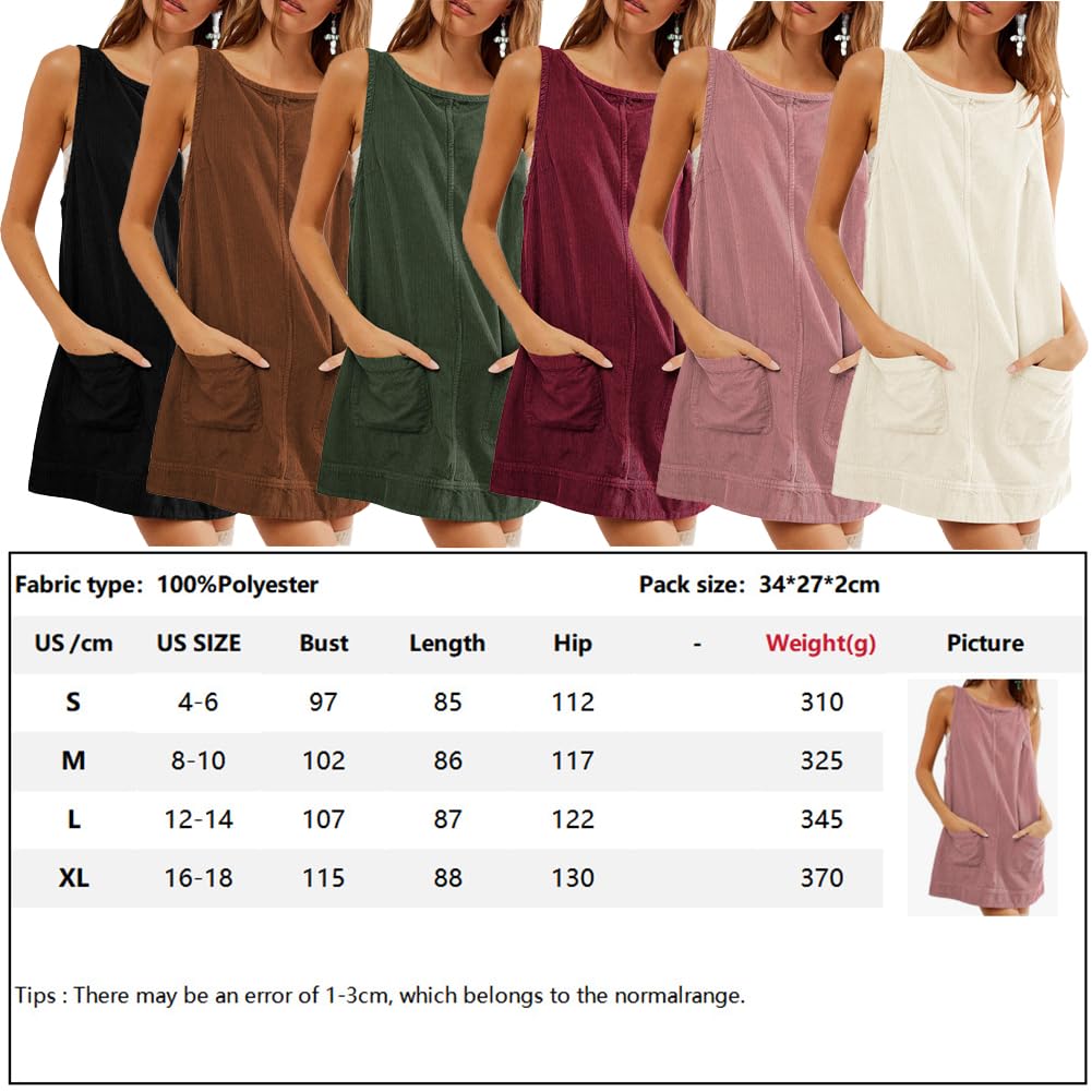 Genérico 2024 Women's Corduroy Overall Dress Round Neck Open Back Fall Mini Jumper Dress with Pockets