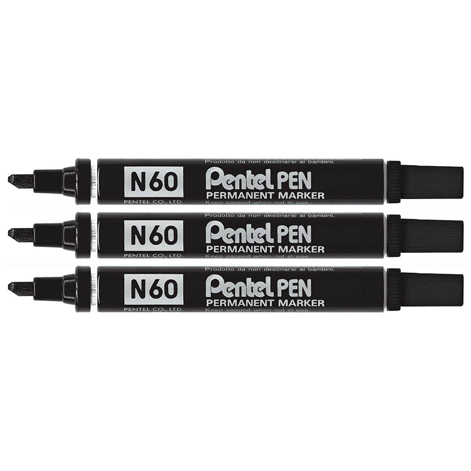 Pentel Set of 3 Permanent Markers N60 Chisel Tip Black