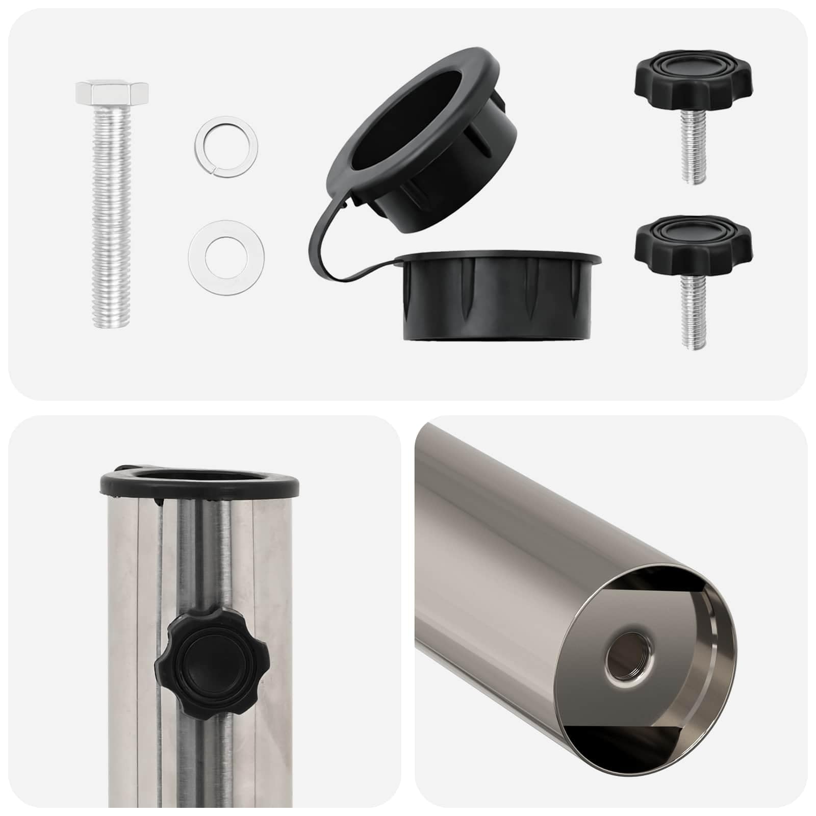 Tubo di base per ombrellone in acciaio inox lucido, 0,63 kg, modulo base con adattatore e 2 bottoni di serraggio per aste da 40 a 50 mm, per balcone, terrazzo, giardino