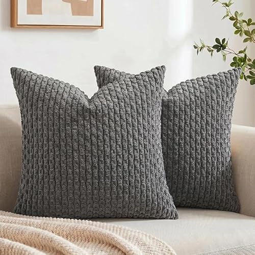Fancy Homi 2 Packs Dark Gray Decorative Throw Pillow Covers 20x20 Inch for Couch Bed Sofa, Modern Farmhouse Boho Home Decor, Soft Cute Plush Grey Corduroy Striped Cushion Case 50x50 CM