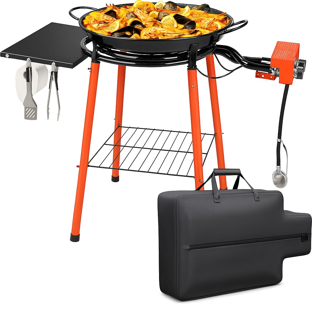 20 Inch Paella Pan Set, Paella Burner and Stand Set, Paella pan with lid & Stand,Paellera, Enameled Steel Paella Pan Paella Kit with Large Carry Bag,Built-In Ignitor Regulator Hose,18 Servings