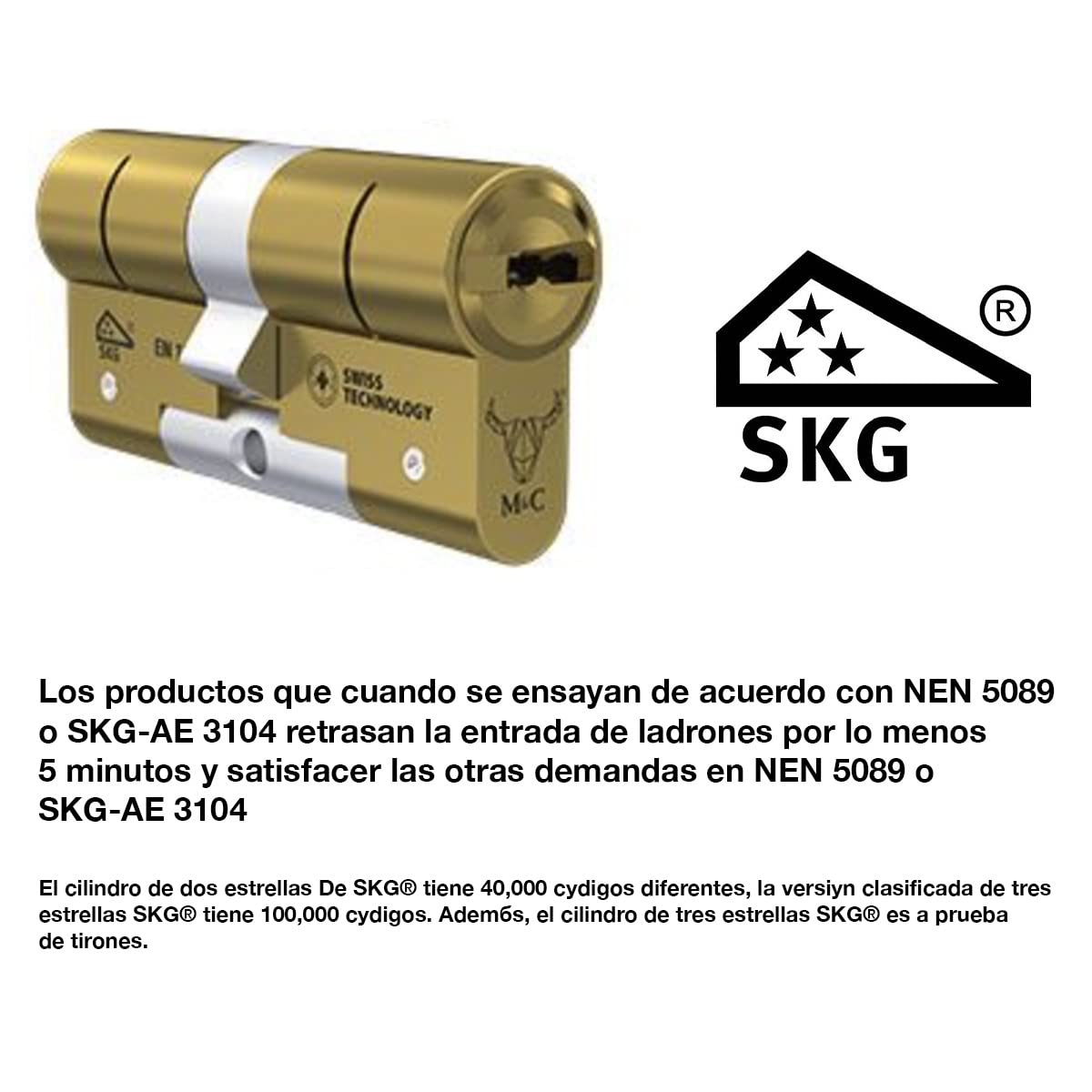 M&C Minos Bombín Cerradura Alta Seguridad Certificación Seguridad Máxima SKG 3 Estrellas 32x32mm Anti Bumping Resistente Taladro Tecnología Suiza Color Dorado 5 Llaves Incluidas, Pequeña