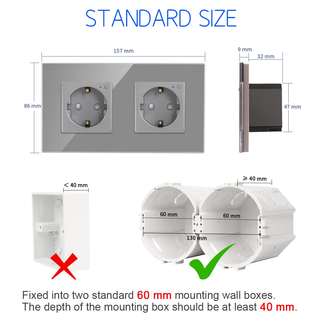CNBINGO Presa Schuko WLAN da incasso, 16 Amp vetro Smart presa da lavoro con Alexa(Echo, Echo Dot), Google Assistant, controllo app, solo 2,4 GHz WiFi, 2 scomparti, grigio, confezione da 2 pezzi