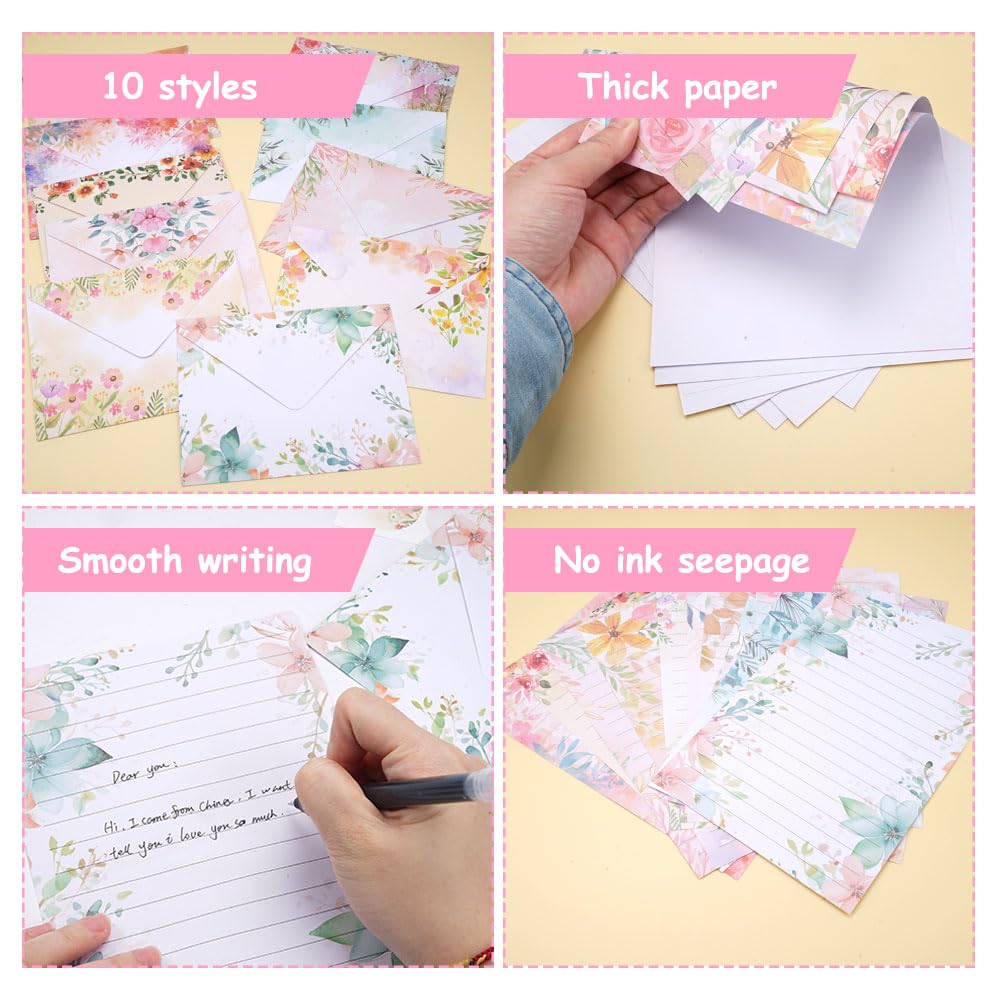 Zestaw 160 sztuk papieru listowego z kopertą, 50 A5 w linie i 50 kopert, zestaw papieru listowego z 60 naklejkami, koperty, zestaw papieru listowego, na zaproszenia, kartki z życzeniami (10 kolorów)