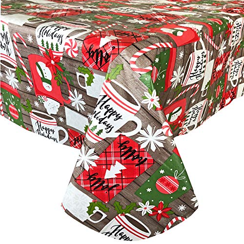 Newbridge Jolly Holiday Candy Cane Print Flannel Back Vinyl Christmas Tablecloth - Happy Holidays Grey, Red and Green Xmas Wipe Clean Easy Care Tablecloth, 60” x 120” Oblong/Rectangle