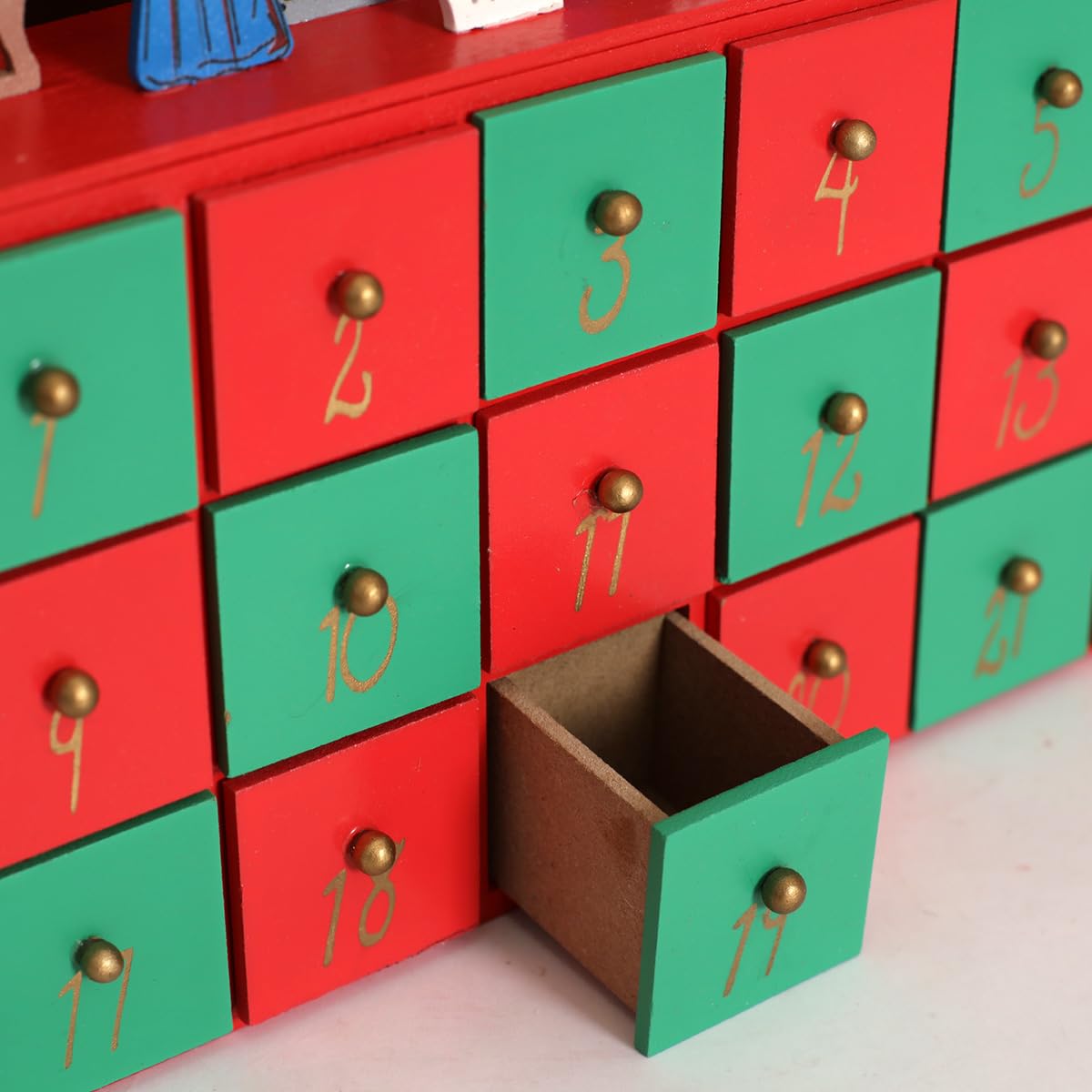 Adventskalender aus Holz mit 24 Schubladen – Countdown bis Weihnachten mit Krippe – Handgefertigte Urlaubsdekoration