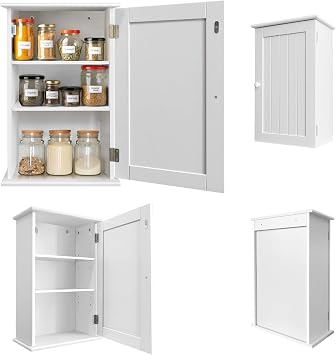 Kitchen Wall Cabinet with Doors & Adjustable Shelves, White Engineered Wood Wall Cabinet Kitchen Storage Cupboard Hanging Bathroom Wall Organiser Unit, Freestanding Furniture Organizer for Bedroom