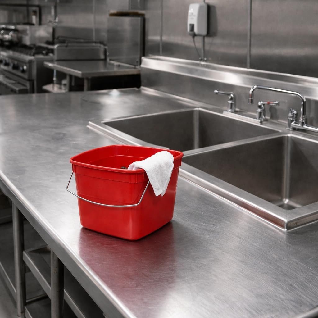 Sanitizer Pail Cleaning Bucket with Bail Handle, 6 Quart (1.5 Gallon) Red Sani Bucket, Made in USA, Commercial Plastic Sanitation Container for Restaurants & Janitorial Use, Heavy Duty, 12 Pack