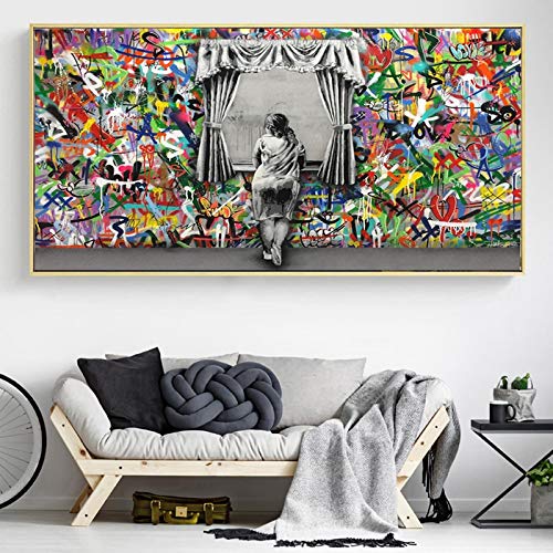 Graffiti Art Girl Vista posterior Retrato Ventana Lienzo Pinturas Pósteres e impresiones Dormitorio Arte de la pared Imágenes Sala de estar Decoración 80x160cm Sin marco Cover