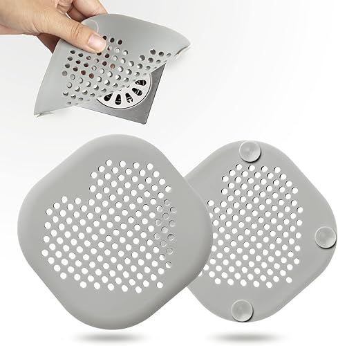 Miniatura 2 de Paquete de 2 recolectores de pelo para desagüe de ducha, accesorios de baño grises, cubierta de drenaje de silicona duradera con ventosas para