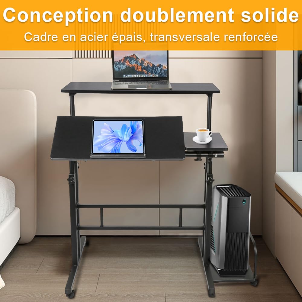 Scrivania in piedi regolabile in altezza con 6 ruote, inclinabile, tavolo compatto per PC per casa, ufficio, postazione di lavoro sit-stand (80 + 22) x 60 cm