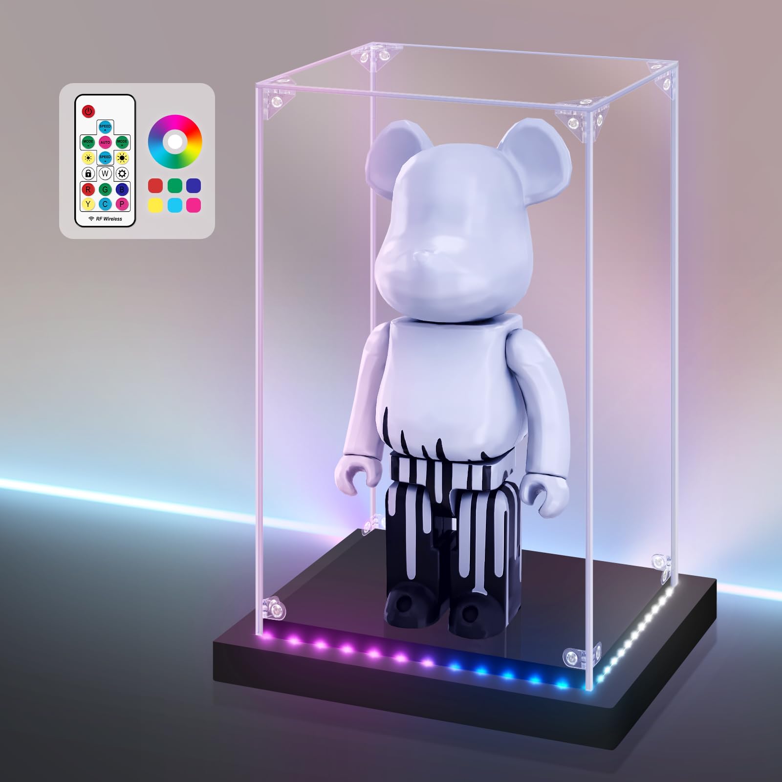 Huijintao Colorful Light Acrylic Display Case With Rgbw Color Changing Led Light, Clear Display Box For Memoribilia Action Figures, Self-Assembly Dustproof Showcase With Black Base, 9.8X7.9x15.8inch