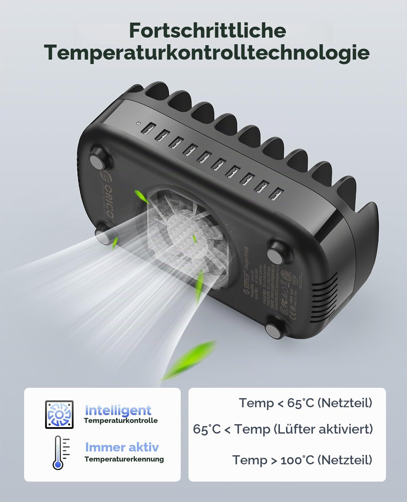 ORICO 120W Ladestation für Mehrere Geräte, 10 Ports Ohne 10 Kabel, Schwarz