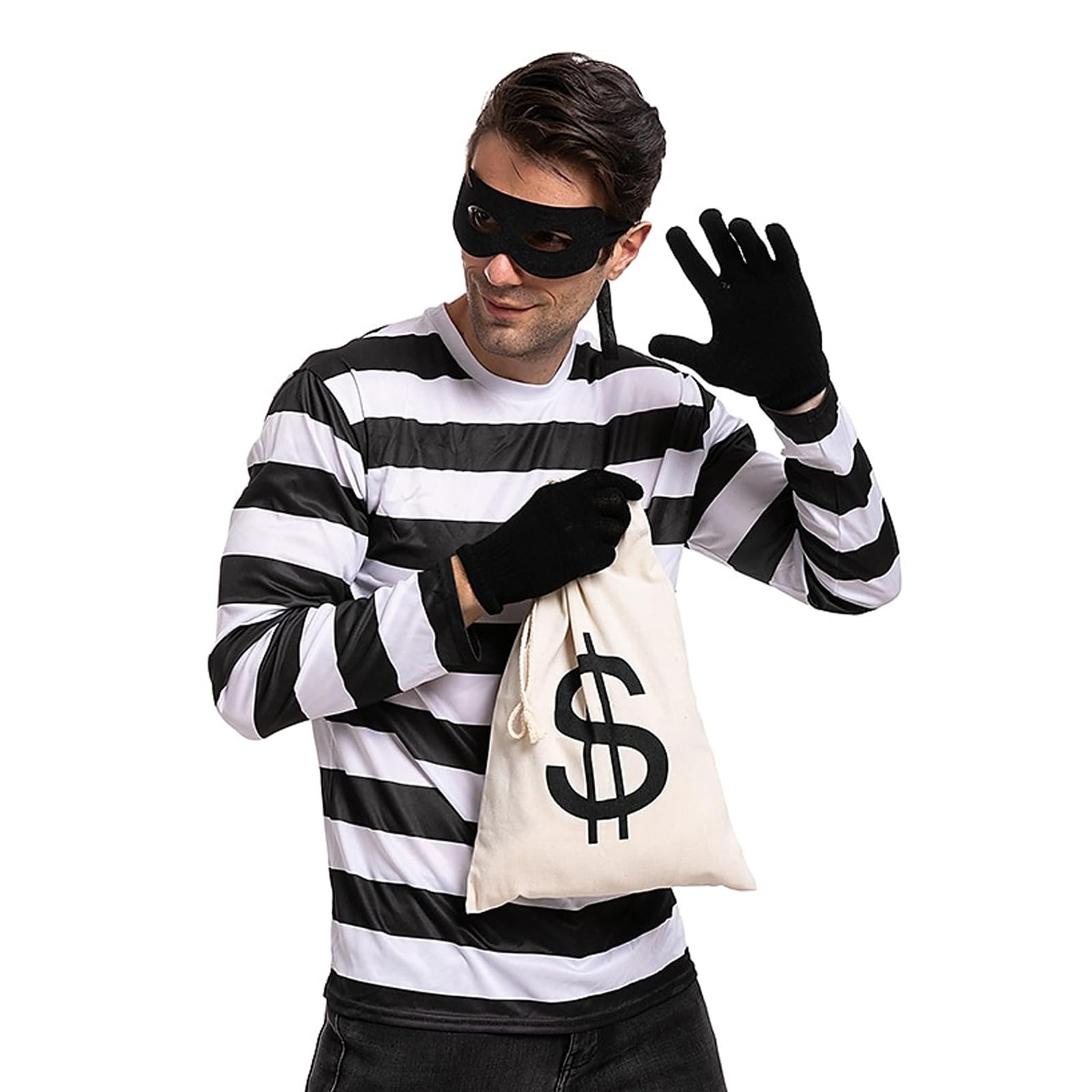 NUMJAW Robber Costume Adult Thief Costume Bank Robber Costume Women Men,Creations Halloween Cosplay Party Prop Bandit Costume Burglar Costume Women,Robber Mask/Burglar Mask Gloves Money Bag Costume