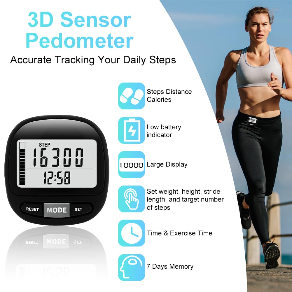 Flintronic Krokomierz 3D do chodzenia z zegarem z klipsem i smyczą, śledzi kroki w czasie rzeczywistym, krokomierz dla starszych dzieci/mężczyzn fitness/kobiet/seniorów