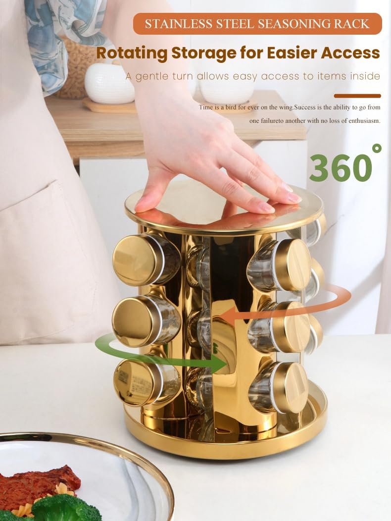 Organizador giratorio para especias de 12 tarros, acero inoxidable y sin plomo, almacenamiento eficiente en la encimera para una cocina ordenada, torre de especias negra para un fácil acceso