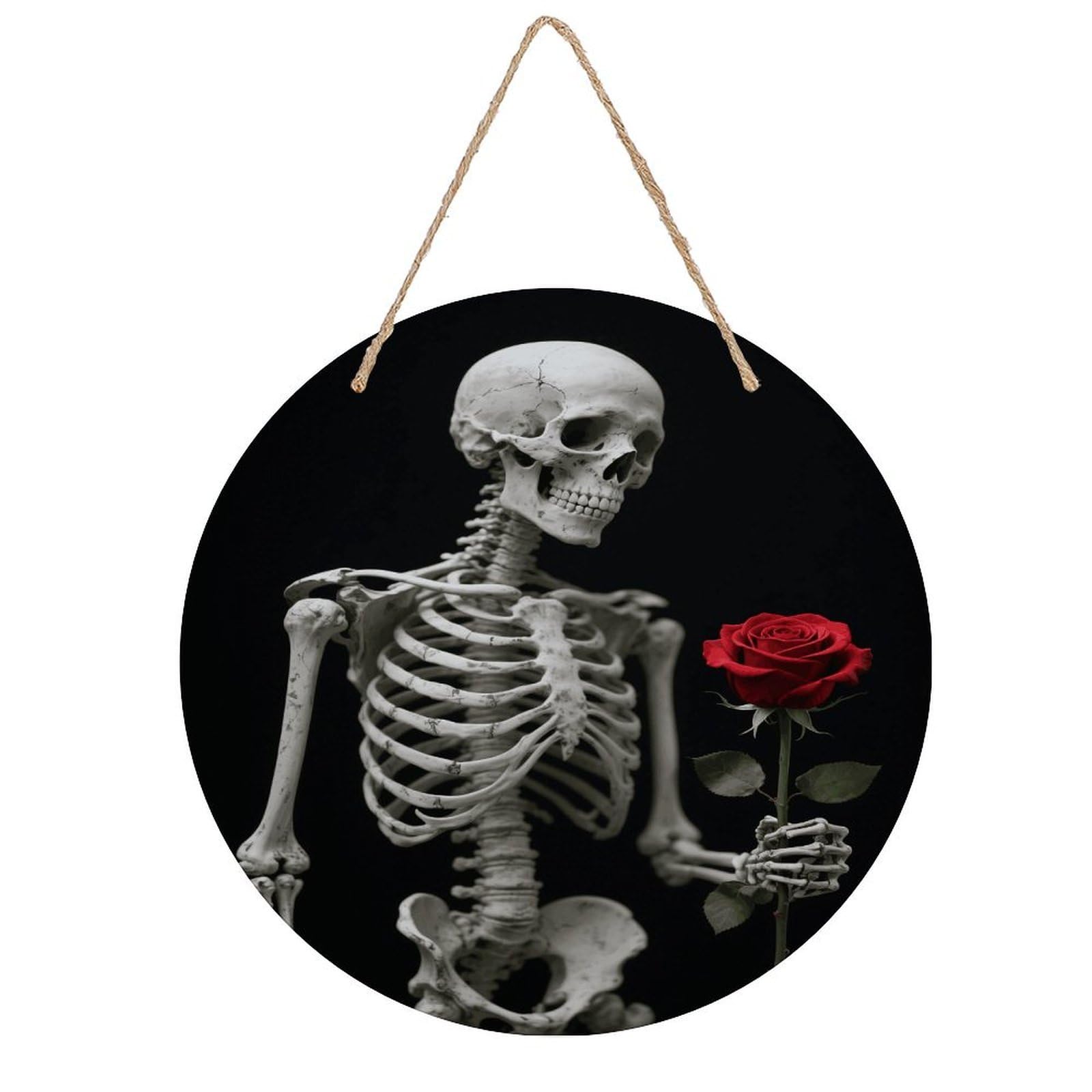 VstaDank Skeleton Holding A Red Rose Wall Decor Round Wood Hanging Sign 7.9x7.9 in Wooden Circle Door Hanger with Ropes, Rustic Wall Art Decor for Home Front Door Indoor Outdoor Decoration
