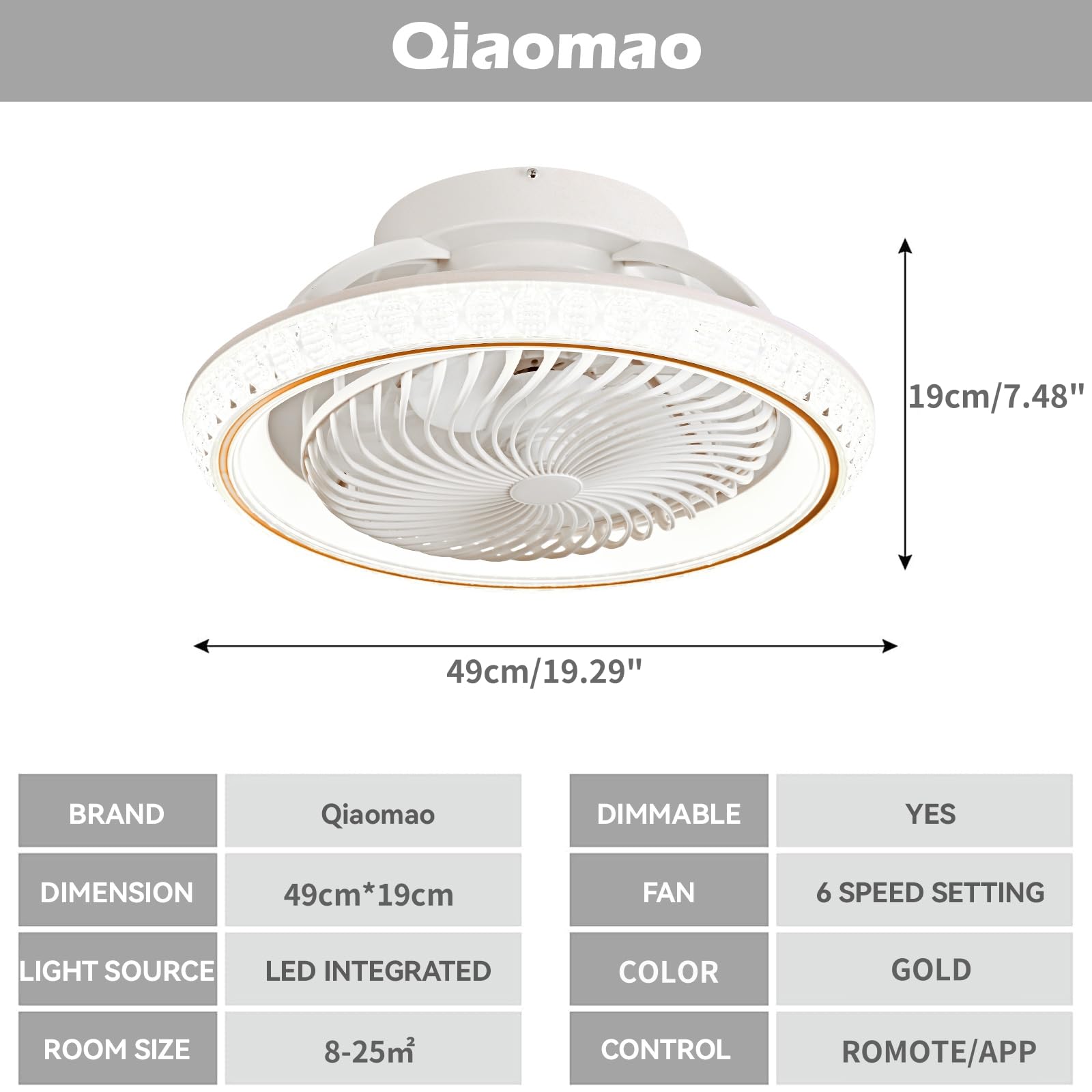 LED Deckenleuchte mit Ventilator, 72W Dimmbar Timer, Fernbedienung, 360° Drehung, Gold 49cm