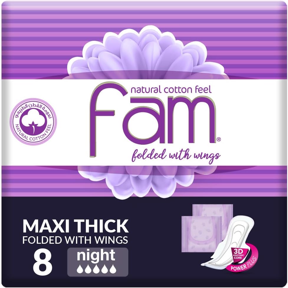 Natural Cotton Feel, Maxi Thick, Folded With Wings, Night Sanitary Pads, 8 Pads