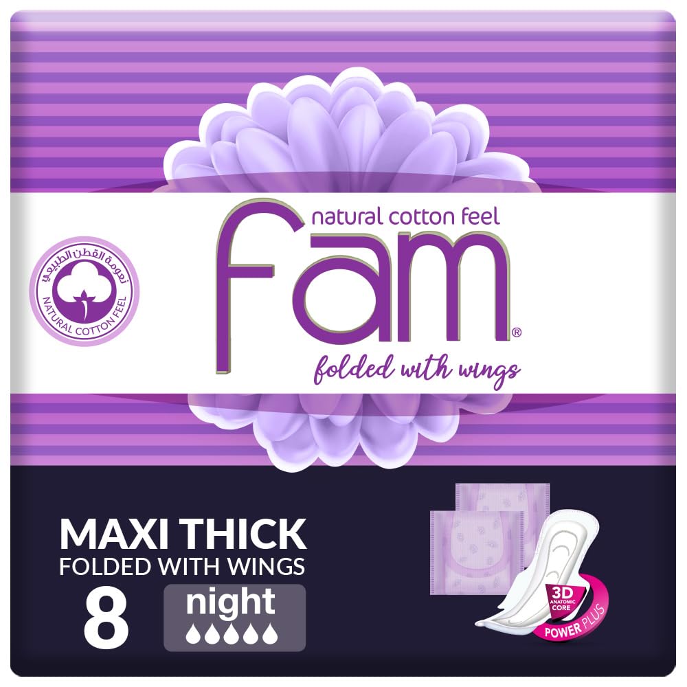 Fam Natural Cotton Feel, Maxi Thick, Folded With Wings, Night Sanitary Pads, 8 Pads
