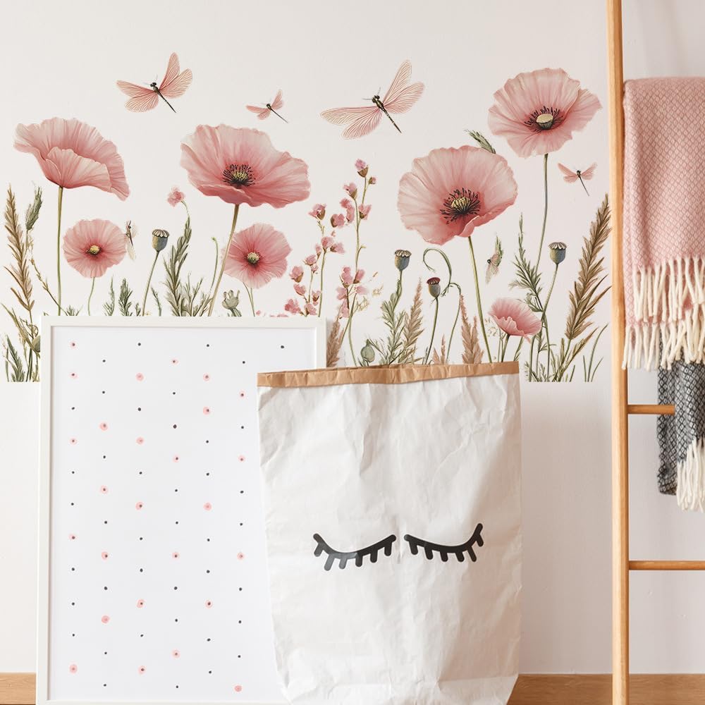 Esmee Wall Stickers Pink Floral Flower Dragonfly Peel and Stick Wallpaper for Art Decoration, Children's Bedroom, Bathroom, Living Room
