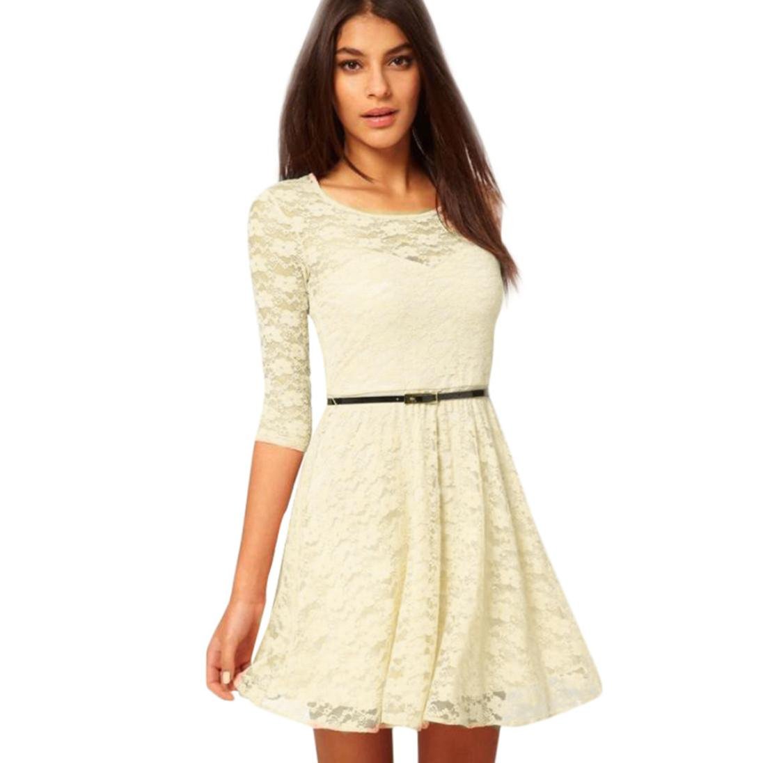 3/4 Sleeve Lace Skater Dress, Beautyfine Women's Simple Mini Dress with Belt