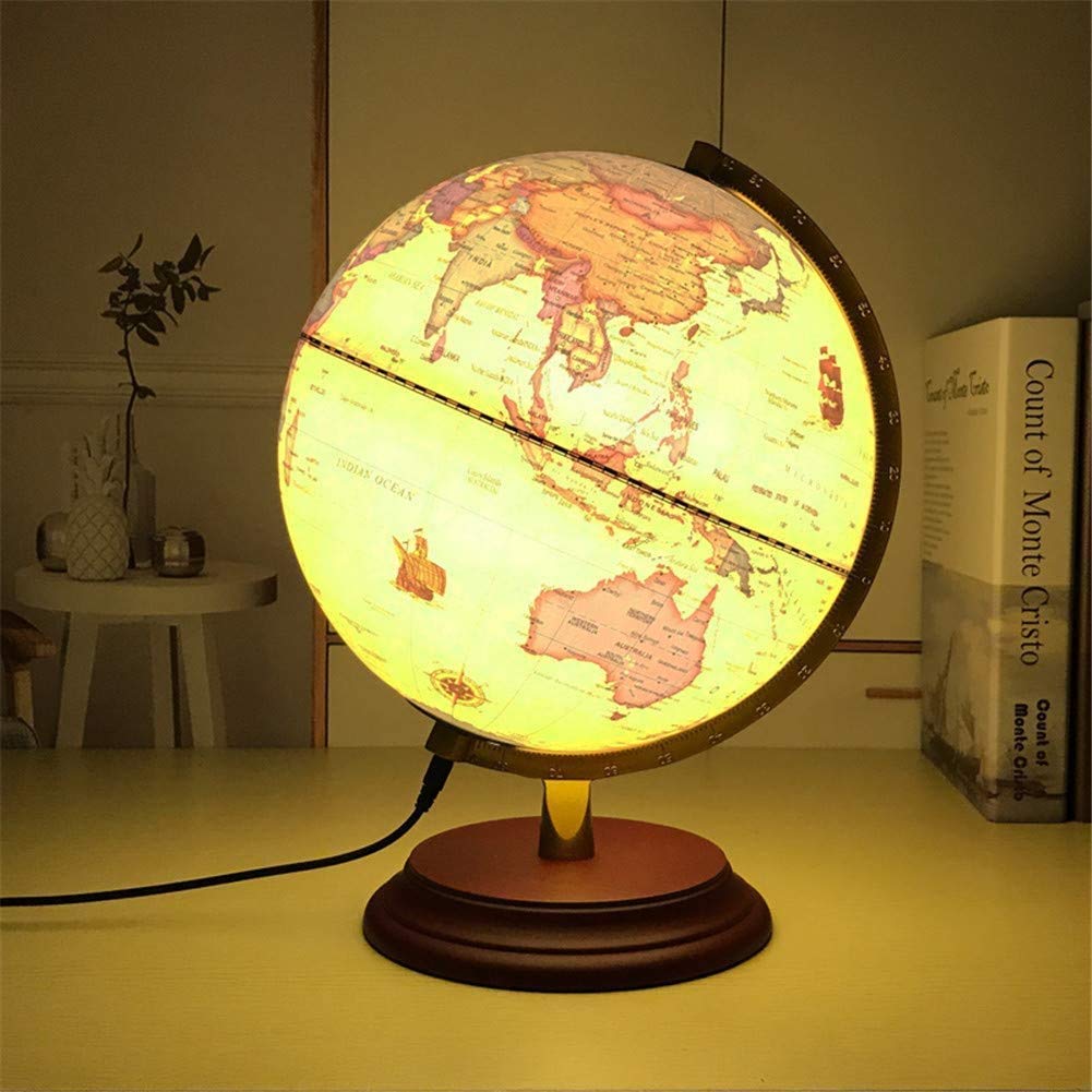 Illuminated World Globe for Kids with Wooden Stand,Built in LED for Illuminated Night View Antique Globe for Home Décor and Office Desktop,25cm