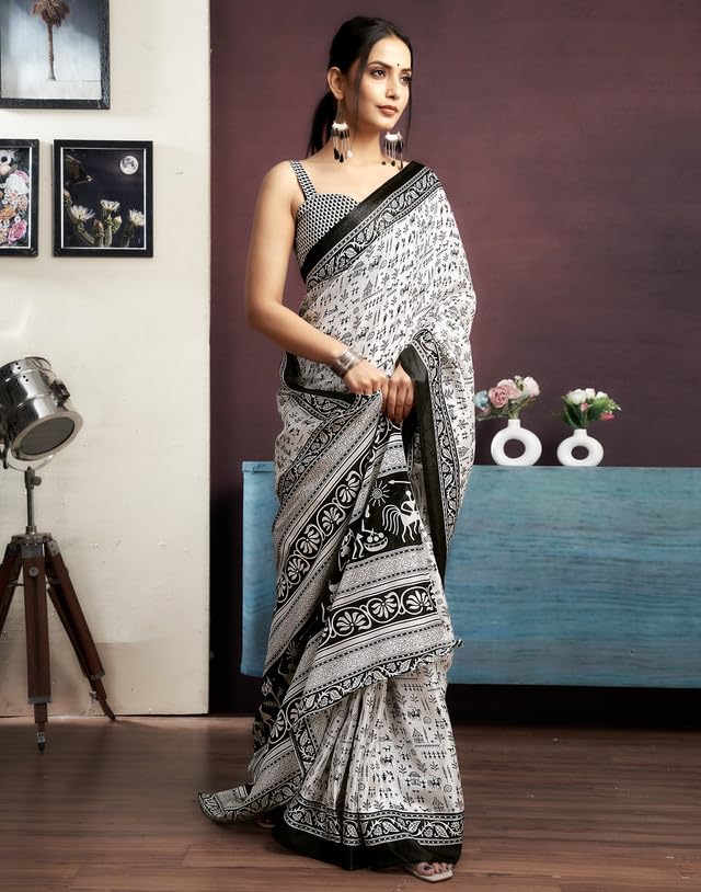 Image of SIRIL Women's Bagalpuri Silk Saree | Varli Printed Saree With Unstitched Blouse Piece