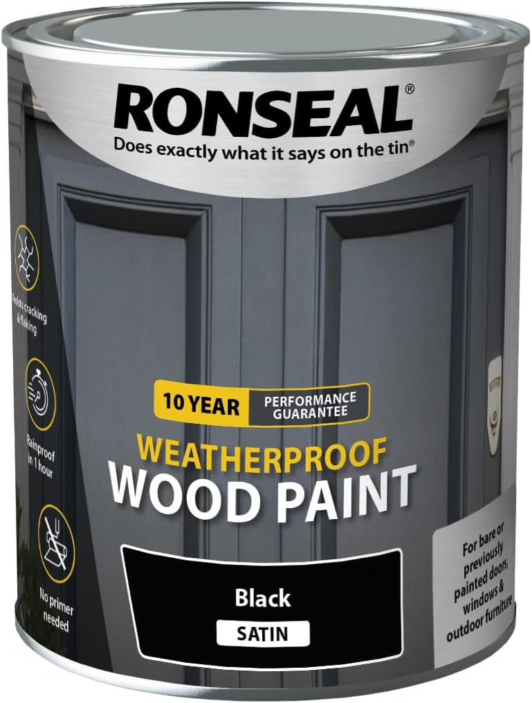 Ronseal 10 Year Weatherproof 2 in 1 Wood Paint Black Satin 750ml