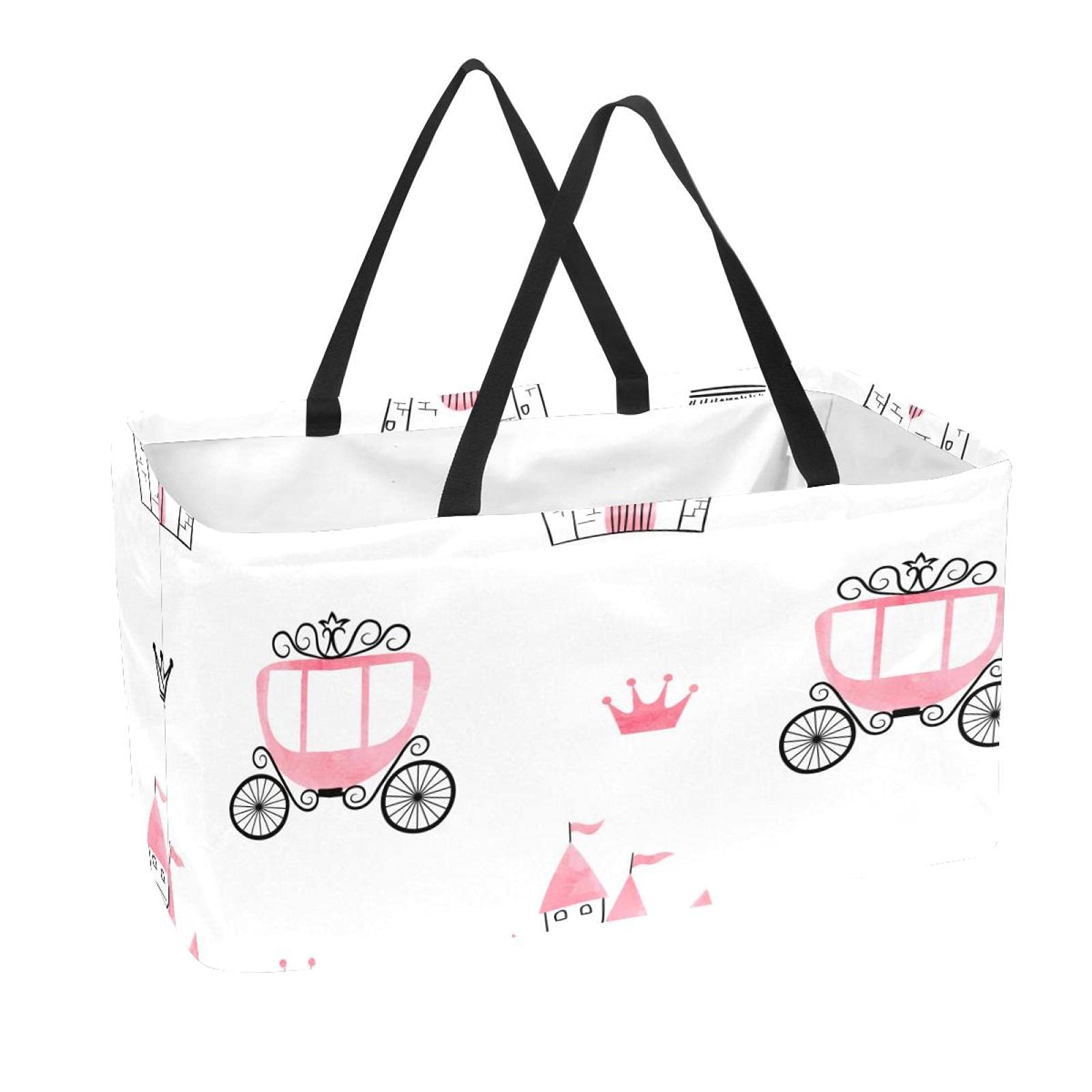 Reusable Large Grocery Bag, Heavy Duty Shopping Tote Bags with Reinforced Bottom and Handle (Drawn Castles Carriage Pink Crown Print)