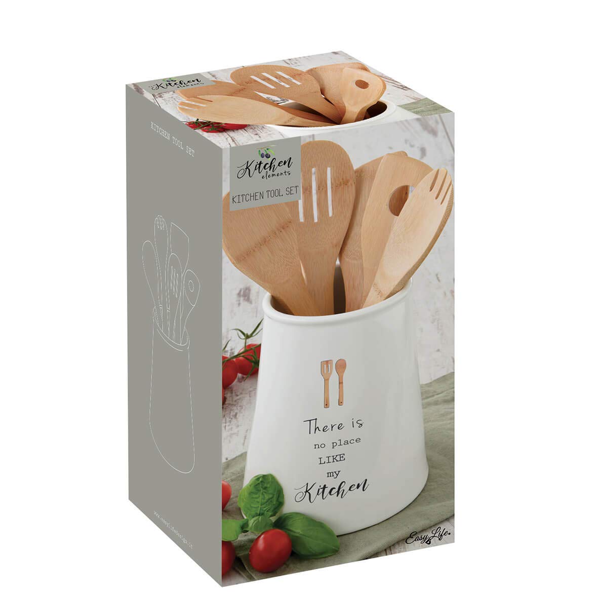 EASY LIFE Porte Ustensile D15 H19 cm en Porcelaine-avec 5 Ustensiles de Cuisine en Bambou D Kitch - 1911KITE