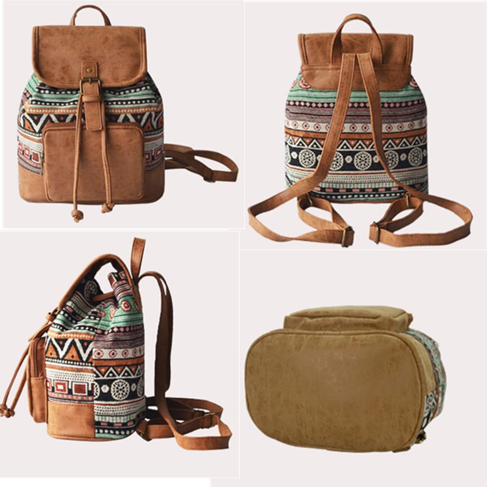 Mochila Bohemia Moda la Mochila de Lona y Cuero Impermeable Pequeño Mochila de Hombro con Correa de Hombro Ajustable para Compras Citas Fiestas Vacaciones Viajes al aire Libre