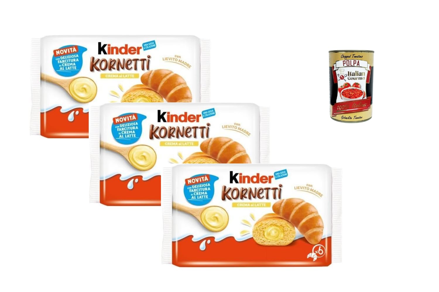 talian Gourmet Kinder Kornetti Crème au Lait 3 x 252 g – Croissants Italiens Fourrés à la Crème au Lait – Petit Déjeuner & Goûter + Polpa de Tomates Italiennes 400 g