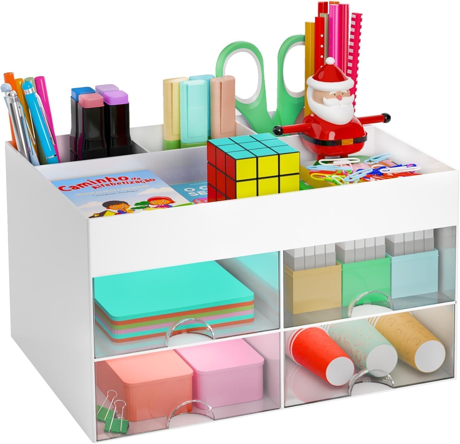 Zollyss Organizer da scrivania multifunzionale in plastica con 4 scomparti e 4 cassetti, organizer da scrivania per articoli di cancelleria, organizer per cosmetici, per penne, cucitrici, clip