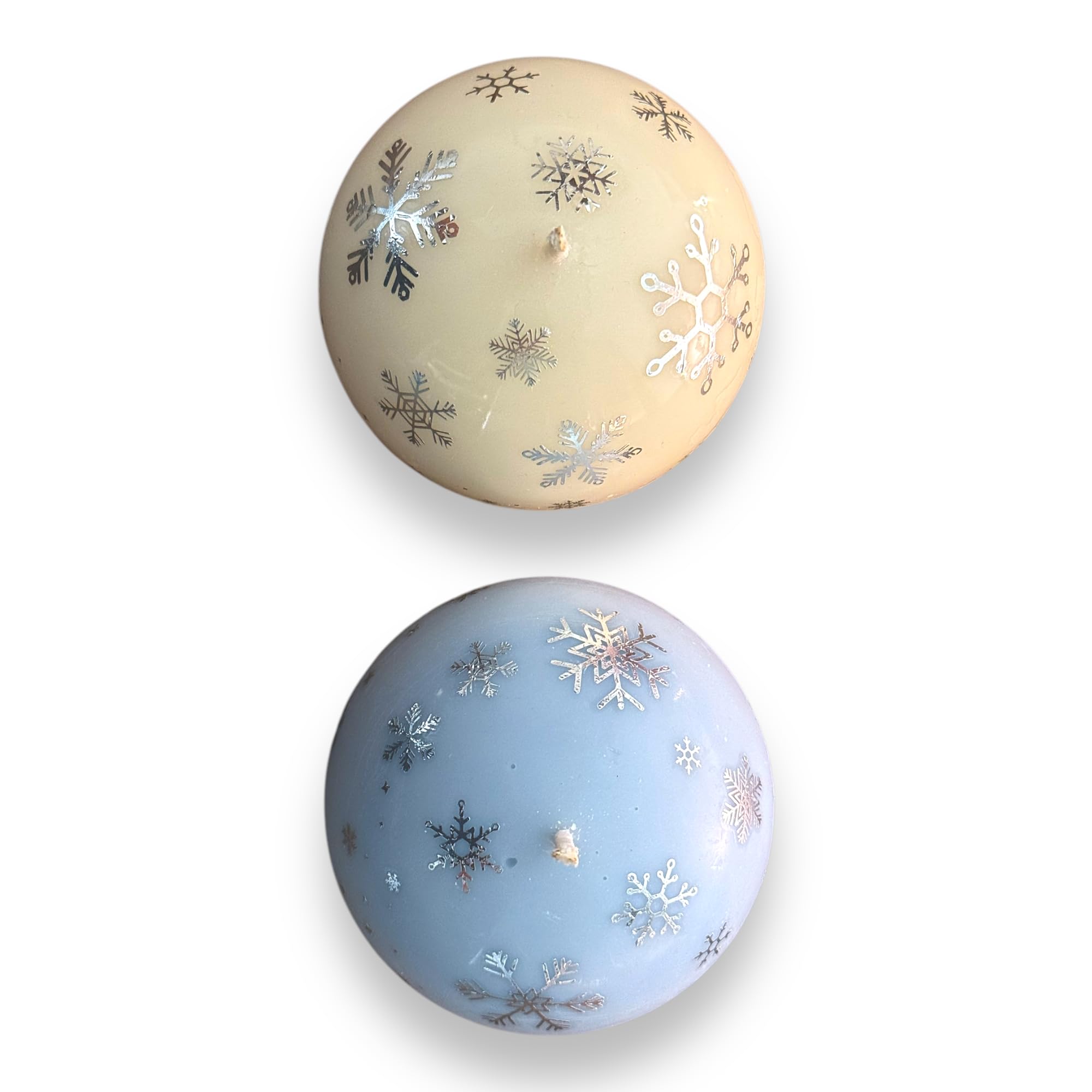 Set of 2 Christmas Sphere Candles – White & Blue with Snowflakes – Festive Holiday Decor & Gift