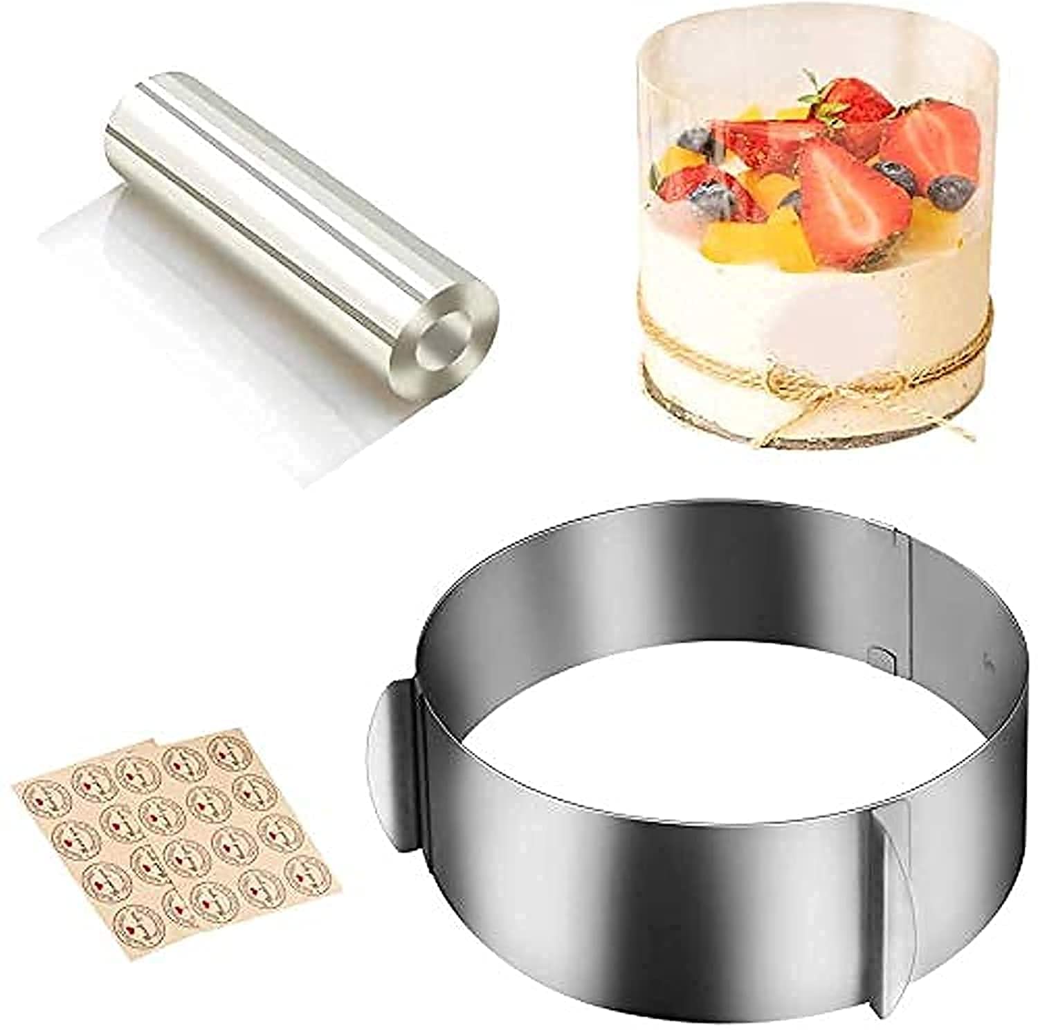4PCS Cake Baking Tools Set, Cake Collar Clear,Cake Mould Ring Stainless Steel Adjustable 6.5-12 Inch Mousse Cake Baking with Cake Strips Cake Rolls Mousse Cake Acetate Sheet Delicate Stickers