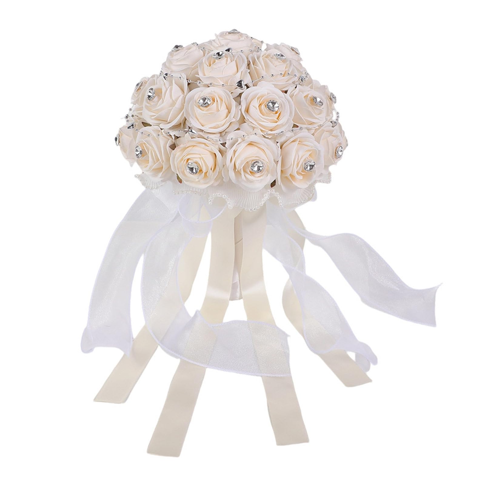 Xjdzineq Champagne Color Faux Rose Bouquets Rhinestones Embellished Satins Ribbon Pearls Decoration for Various Event Shimmering Rhinestones Decorative Roses