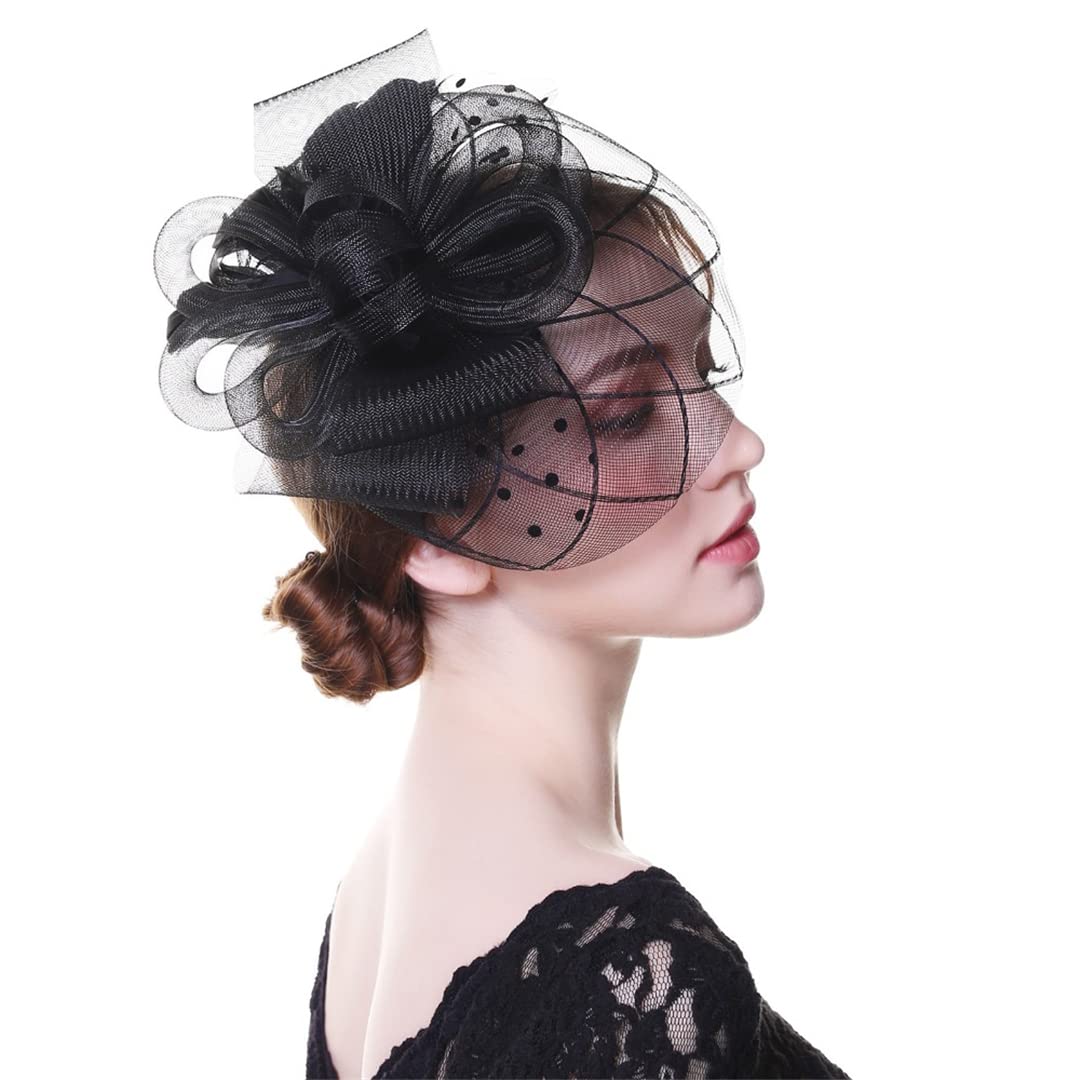 Cappello da donna con fiori, nastri in rete e piume, fascia for capelli o fermaglio for cocktail e tè.,Fermagli per capelli con fiori e piume(9063)