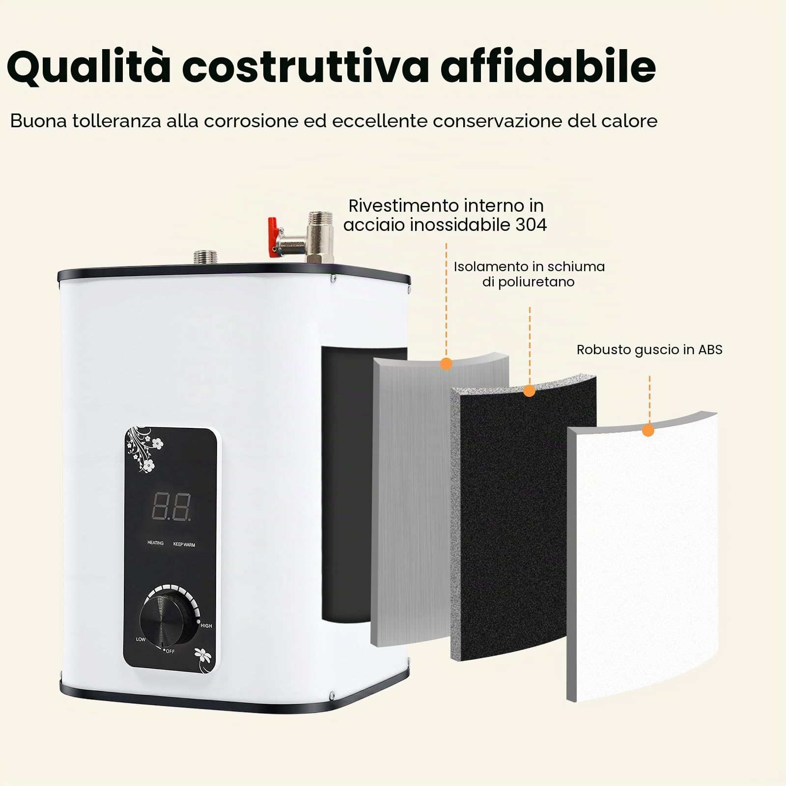 Scaldacqua elettrico istantaneo da 1500 W, temperatura regolabile da 0 a 65 °C, mini scaldacqua istantaneo con display, serbatoio acqua calda 8 l, piccolo scaldacqua istantaneo, per cucina, armadio