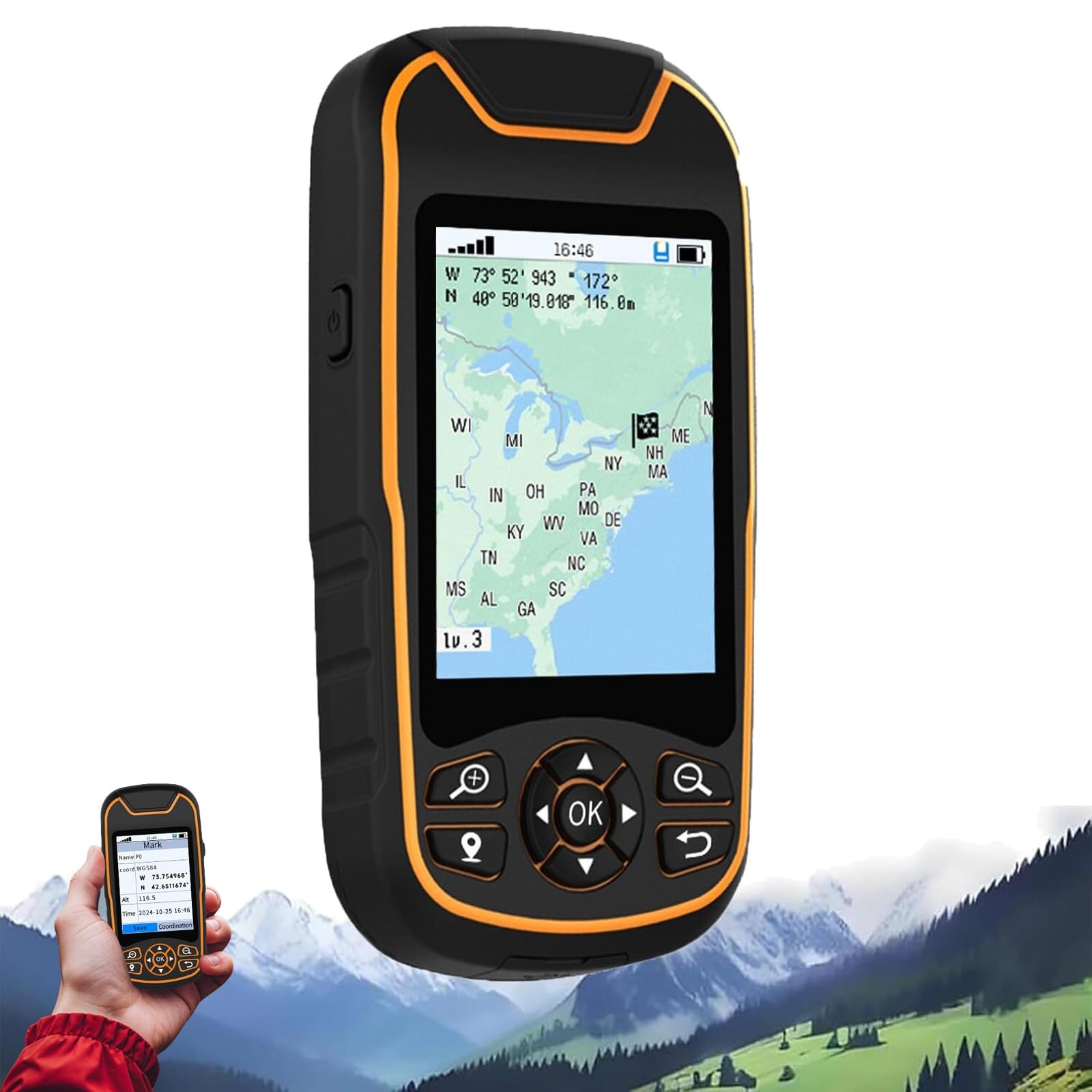 Medidor de tierra GPS de mano, herramienta de adquisición de coordenadas impermeable con pantalla de 3.2 pulgadas, 9 modos, batería de 4000 mAh para senderismo al aire libre y topografía de tierra