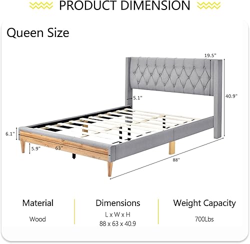Miniatura 9 de Altillo Base de cama Queen con plataforma tapizada con cabecero y patas de madera de goma, fuerte capacidad de peso, antideslizante y sin ruido, no