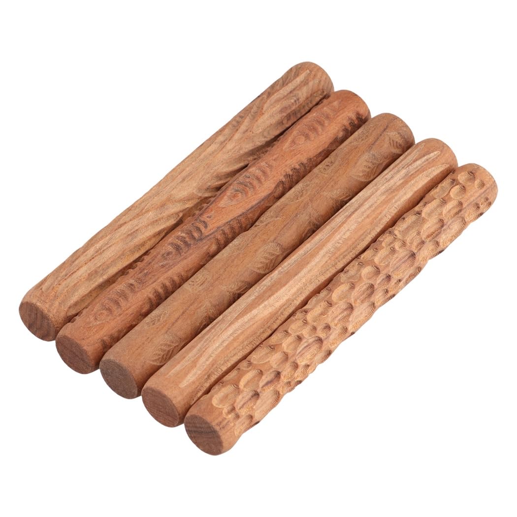 Lot de 5 rouleaux à motif d'argile pour poterie, avec feuilles, poissons, grain de bois, pavés et ondulations